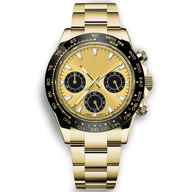 Corgeut 9002 Gold Black Bezel Steel Bracelet Quartz Watch