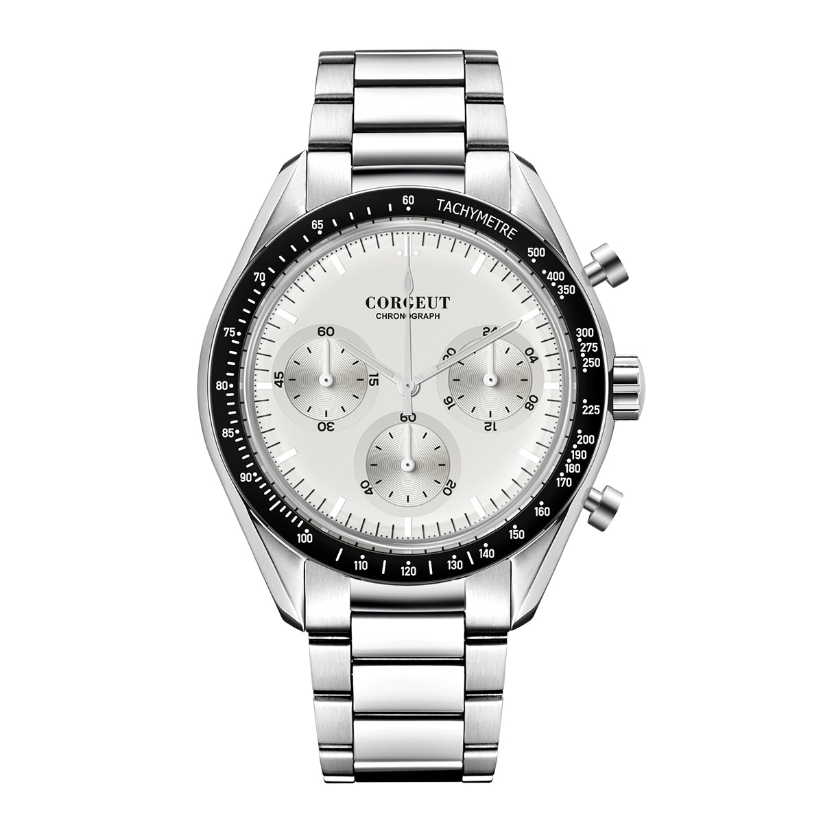 Corgeut Hot Sells High Quality 40mm Mineral Glass Stainless Steel Strap Black Dial Dive Chronograph Men Wrist Quartz Watches