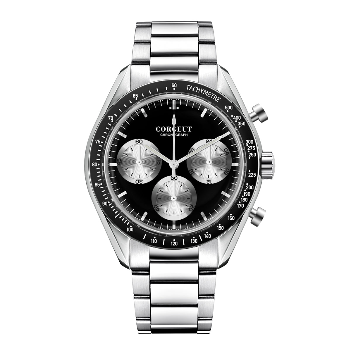 Corgeut Hot Sells High Quality 40mm Mineral Glass Stainless Steel Strap Black Dial Dive Chronograph Men Wrist Quartz Watches