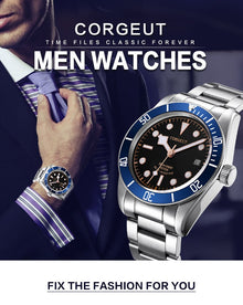 Corgeut 6009 Black PVD Leather Automatic Watch