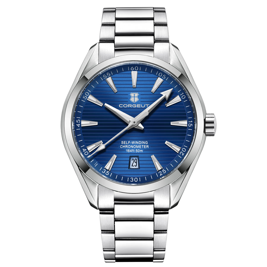 Corgeut 6010 Polished Silver Nails Leather Automatic Watch