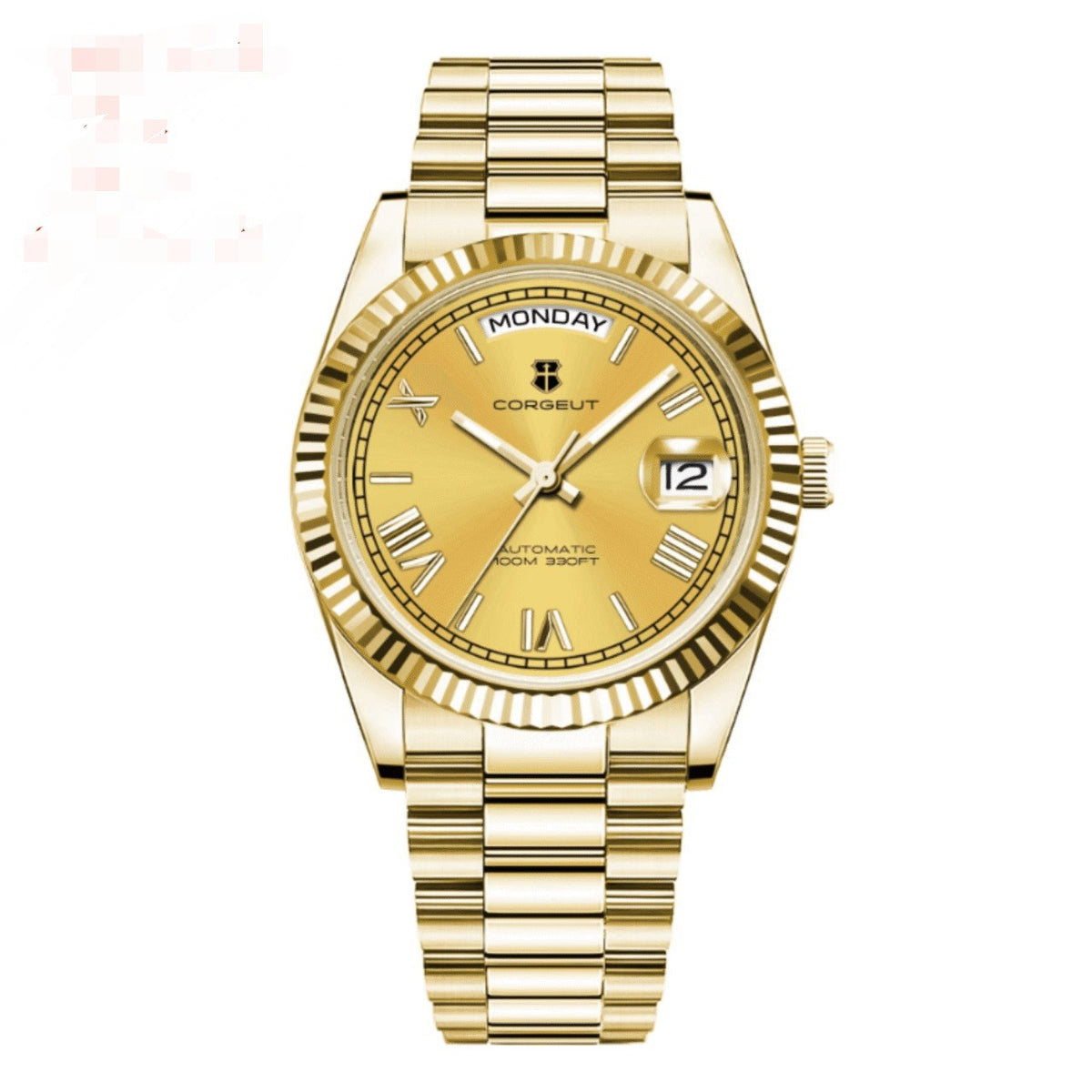 Corgeut 6002G Gold Fluted Bezel Gold Nails President Automatic Watch