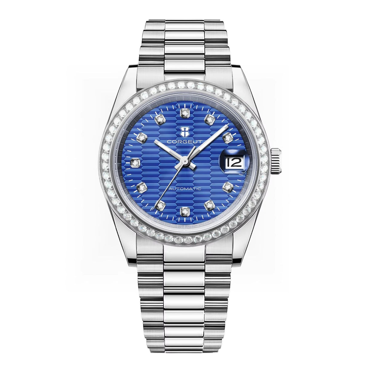 Corgeut 6002G Diamond Silver Diamond Nails President Automatic Watch