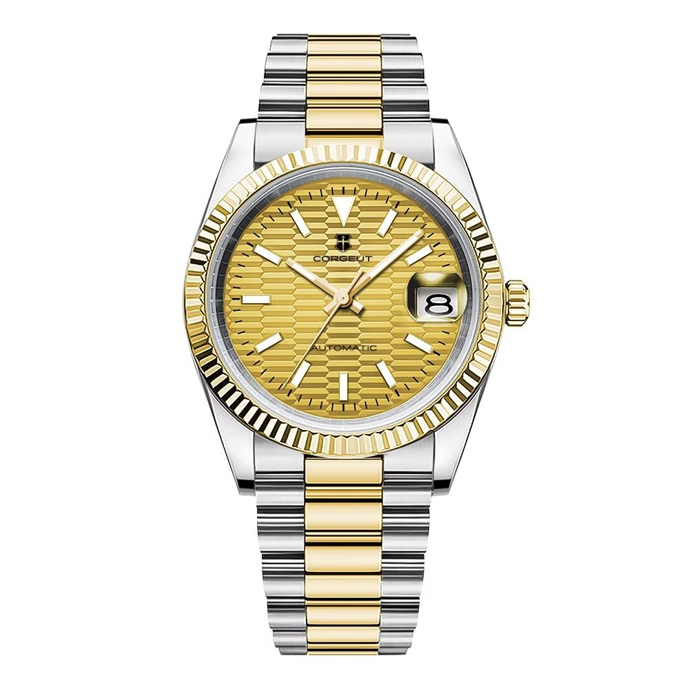 Corgeut 6002G Gold Fluted Bezel Gold Nails President Automatic Watch