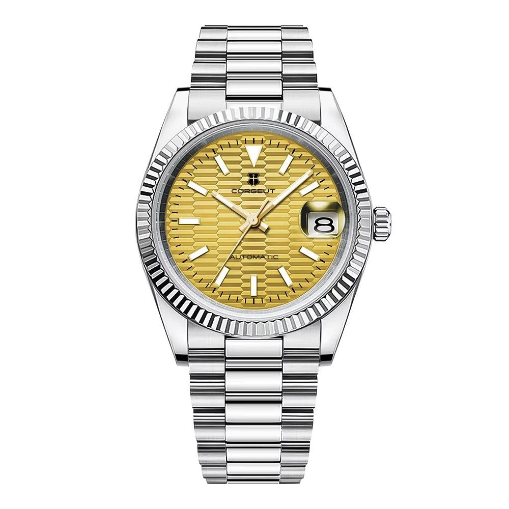 Corgeut 6002L Steel Fluted Bezel President Automatic Silver Nails