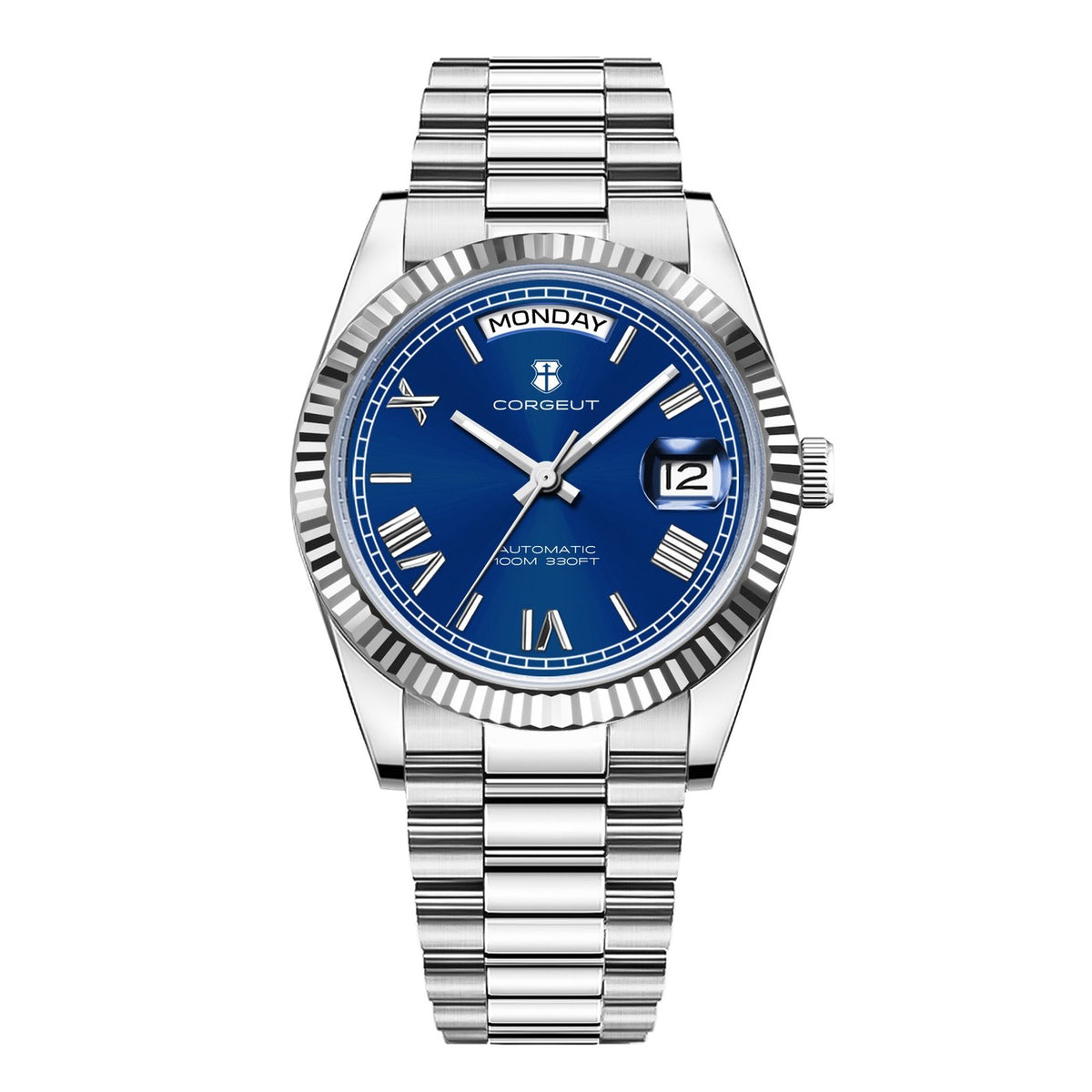 Corgeut 6002L Steel Fluted Bezel President Automatic Silver Nails