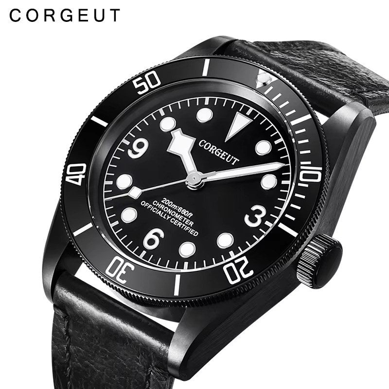 Corgeut 6009 Black PVD Leather Automatic Watch