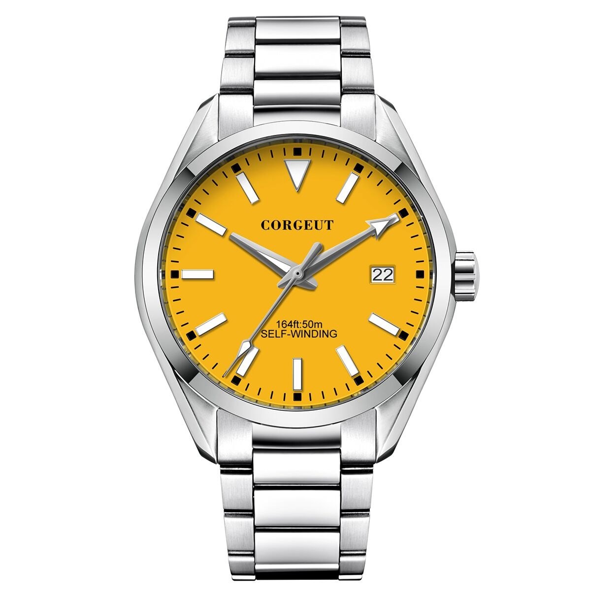 Corgeut 6010 Polished Steel Bracelet Automatic Silver Nails & Steel Hands