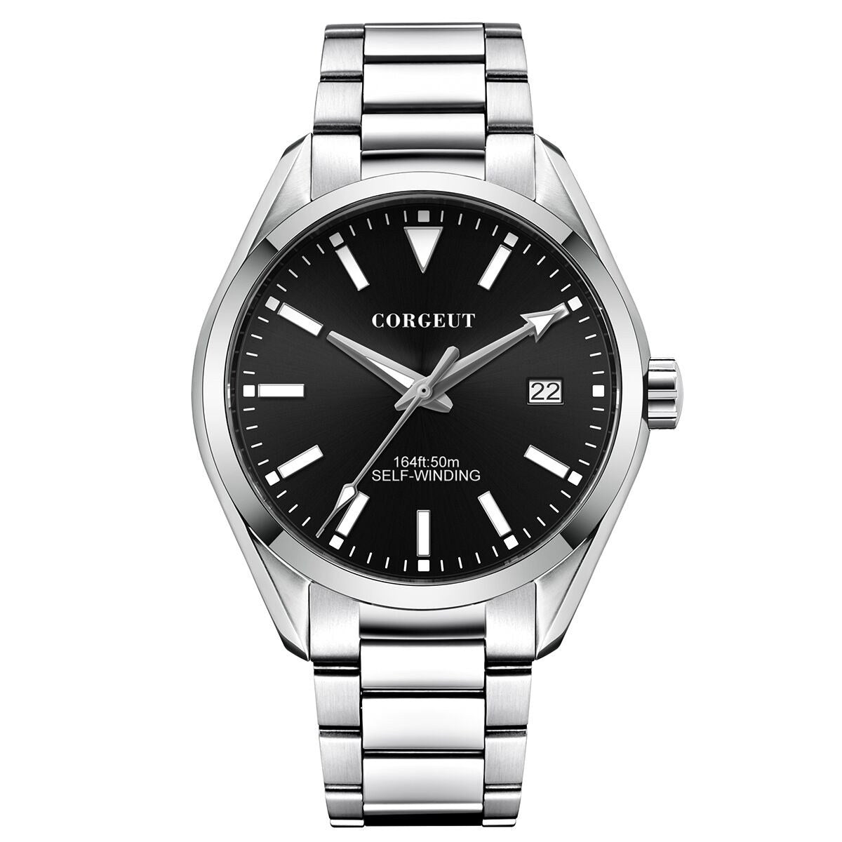 Corgeut 6010 Polished Steel Bracelet Automatic Silver Nails & Steel Hands