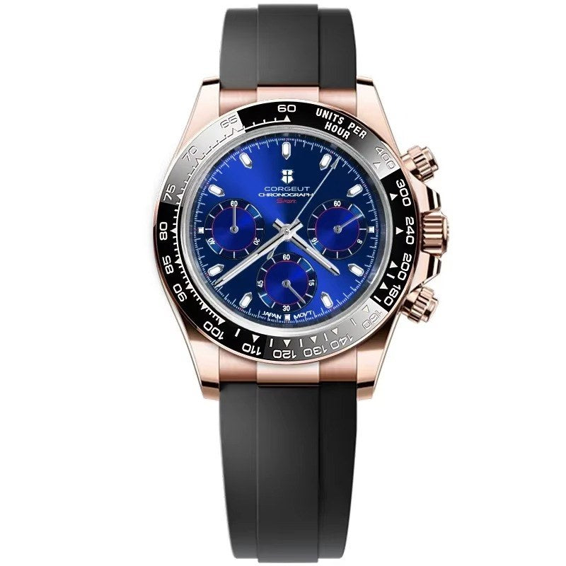 Corgeut 9002 Rose Gold Black Bezel Rubber Quartz Watch