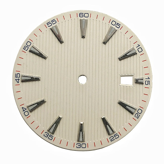 White vertically fluted dress watch dial with applied baton hour markers