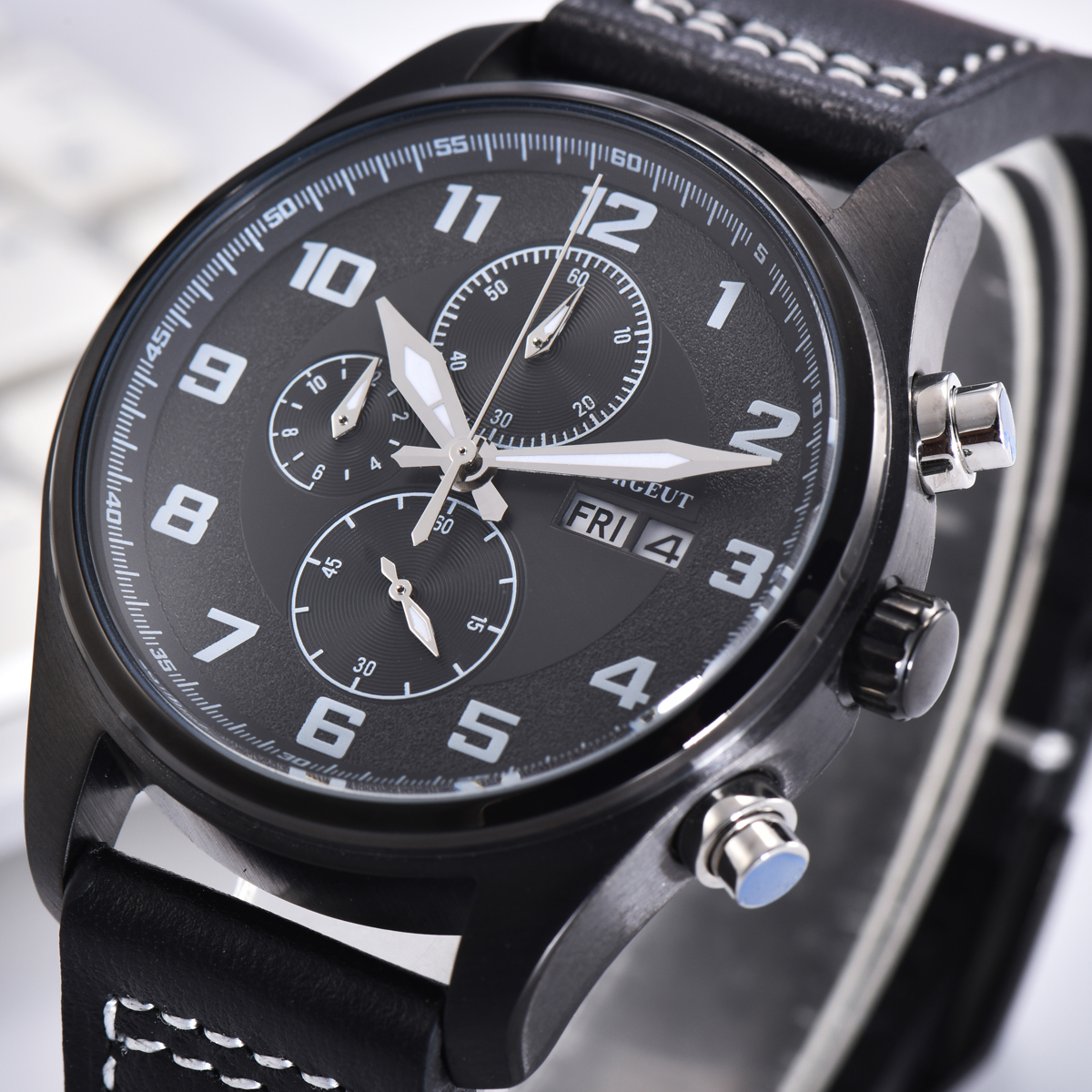 41mm Corgeut Black dial PVD Stainless Steel Case Style Full Chronograph ...